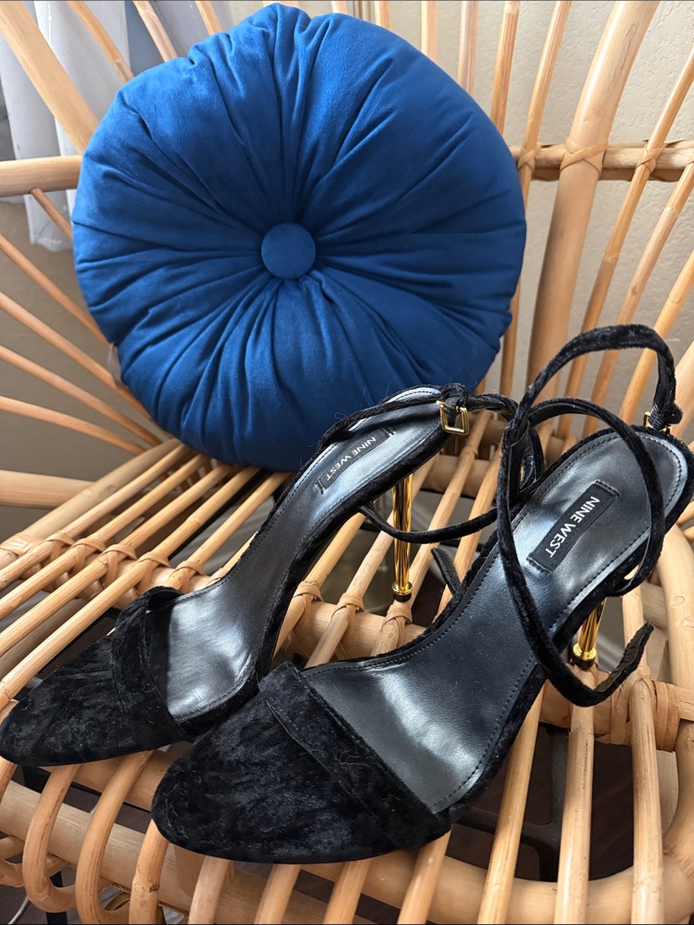 Nine West Black Velvet Strappy Heels with Gold Stiletto